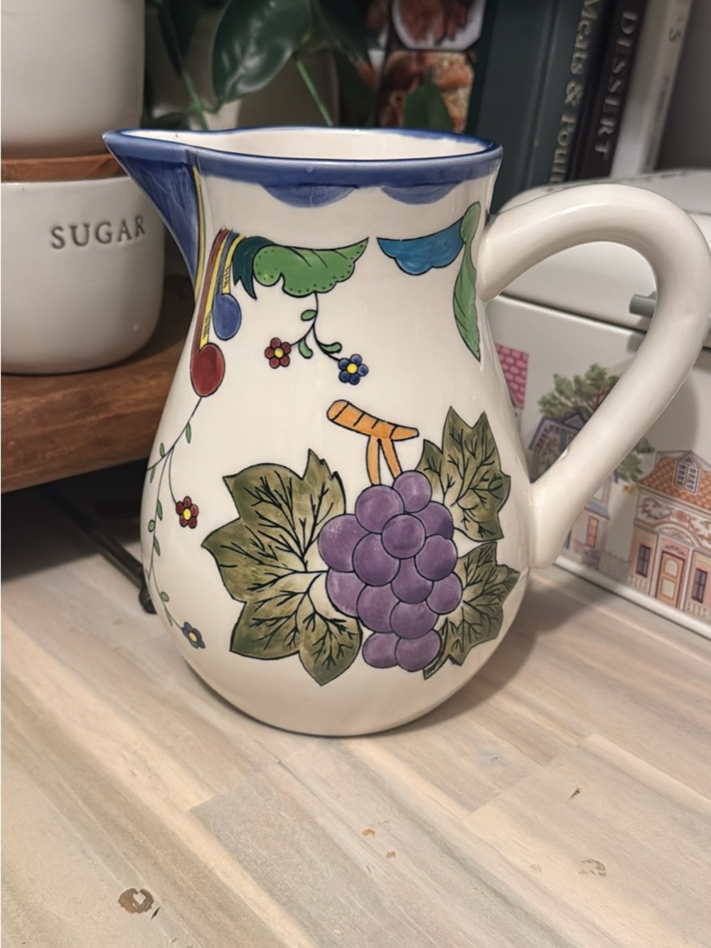 Decorative Ceramic Pitcher with Purple Grape Motif